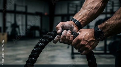 Close-up of muscular hands holding heavy battle rope for gym workout