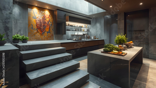Dark Modern Luxury Kitchen with Concrete Steps and Artwork