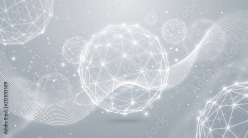 Futuristic silver wireframe spheres with glowing network particles.