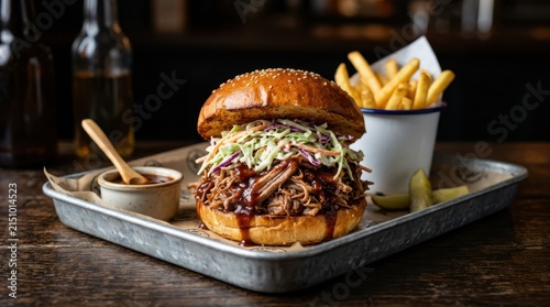 Pulled Pork Sandwich with Coleslaw and French Fries on a Tray