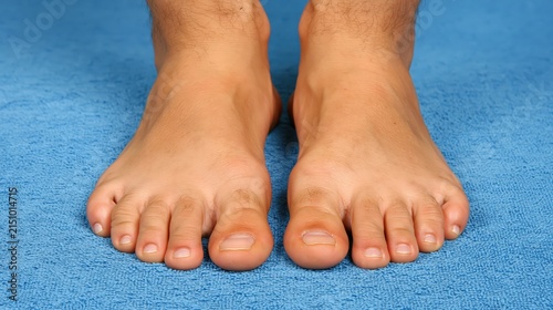 Persons bare feet rest on a textured blue surface.