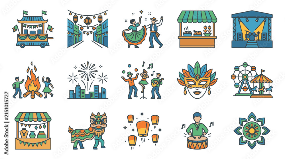 Naklejka premium Cultural Festival and Carnival Icon Set with Street Food, Fireworks, Parade, and Live Entertainment