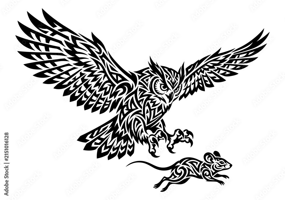 Fototapeta premium Tribal owl hunting a small mouse in a dynamic artistic style featuring intricate patterns and sharp lines inspired by ancient cultural designs showing a raptor in flight capturing its woodland