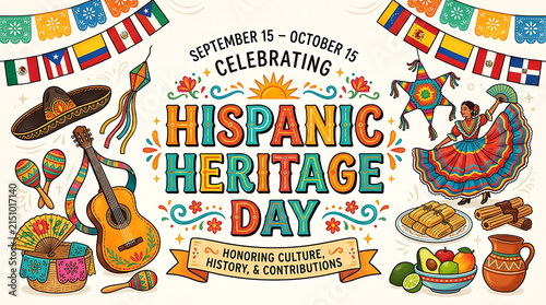 Hispanic Heritage Month celebration banner with cultural symbols and festive decorations.