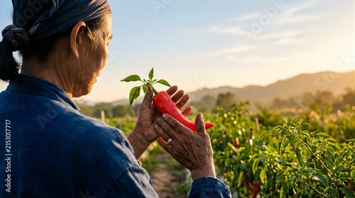 Senior woman farmer holding a fresh red chili pepper in a sunlit field
