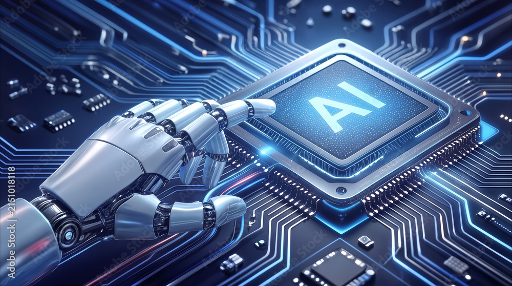 Fototapeta premium Robotic hand pointing at AI microprocessor on glowing circuit board. Artificial intelligence technology and hardware development concept.