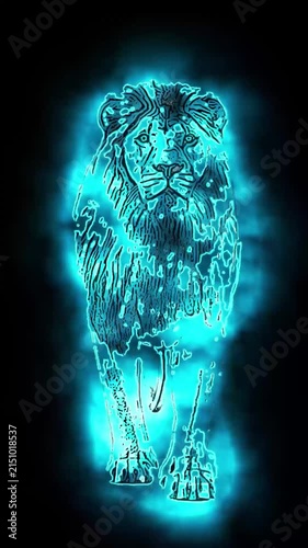 A powerful fire lion slowly walks toward the viewer, its entire body engulfed in flickering flames against a pure black background. This futuristic 3D animation blends realistic fire simulation with a