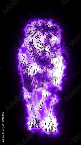 A powerful fire lion slowly walks toward the viewer, its entire body engulfed in flickering flames against a pure black background. This futuristic 3D animation blends realistic fire simulation with a