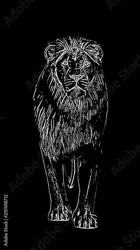 A powerful fire lion slowly walks toward the viewer, its entire body engulfed in flickering flames against a pure black background. This futuristic 3D animation blends realistic fire simulation with a