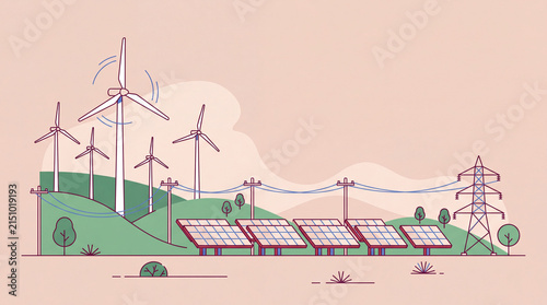 Renewable energy concept with solar panels, wind turbines, and power lines flat vector illustration