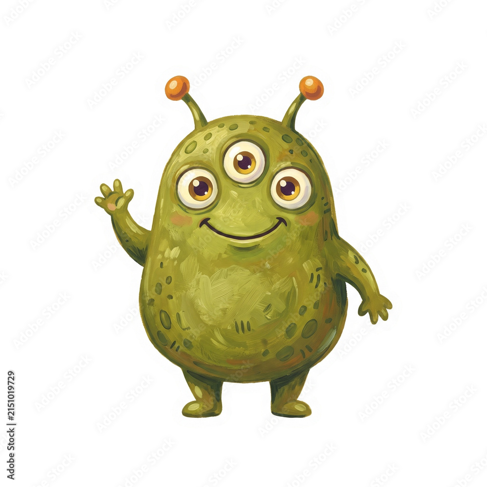 Fototapeta premium Friendly green alien waving hello featuring a round body and three eyes on transparent background