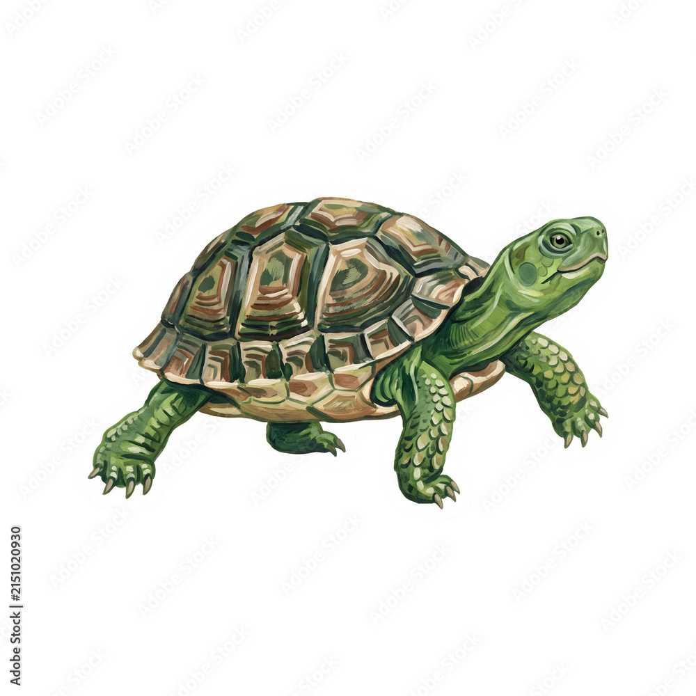 Fototapeta premium Detailed hand painted green turtle illustration showing textured shell patterns on a soft white on transparent background