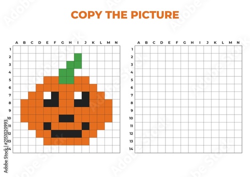 Pixel art pumpkin grid worksheet for kids educational drawing game  