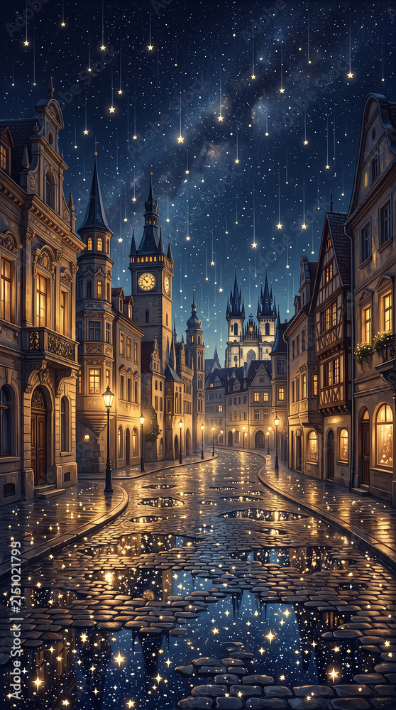 Fototapeta premium A peaceful night city where glowing stars gently fall from the sky like rain, collecting in puddles and reflecting warm light 