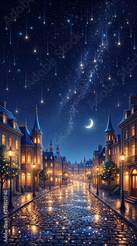 A peaceful night city where glowing stars gently fall from the sky like rain, collecting in puddles and reflecting warm light 