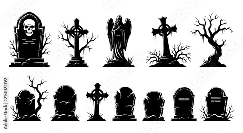 Bild auf Leinwand Gothic cemetery gravestone silhouettes, spooky Halloween tombstone vector set, 1