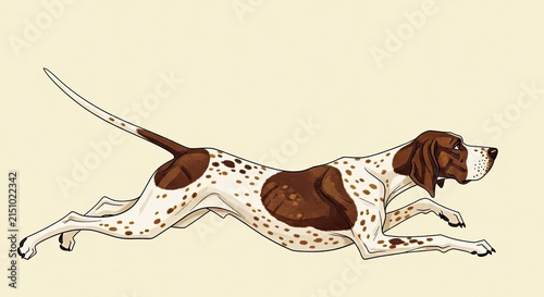 Dynamic vector illustration of a brown and white spotted dog running at full speed. Energetic graphic art of a pointer breed in motion.