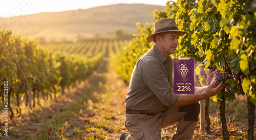 vineyard manager checking grape ripeness with holographic sensor readout