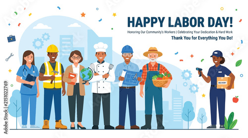 Happy Labor Day illustration, diverse group of workers, medical, construction, and service professionals celebrating with city background, vector character banner