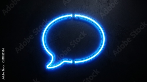 Glowing neon blue speech bubble outline on dark brick wall, symbolizing communication, dialogue, and modern artistic representation of messaging.