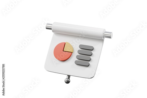 3d presentation pie chart report icon. business analytics concept. minimal cartoon flip chart and summary for financial reports. isolated on white transparent background. 3d render.