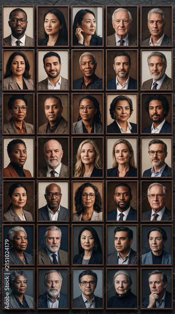 Obraz premium Collection of diverse professional headshots in frames, showcasing a unified group, representing talent, leadership, and corporate identity