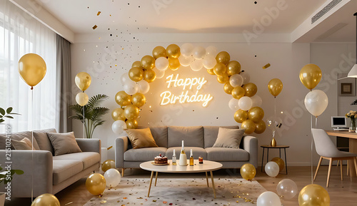 Happy Birthday golden balloon celebration in modern cozy living room with warm lighting