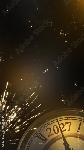 happy new year 2027 retro countdown clock animation with real firework explosion on abstract midnight background with copy space, new years eve greeting card