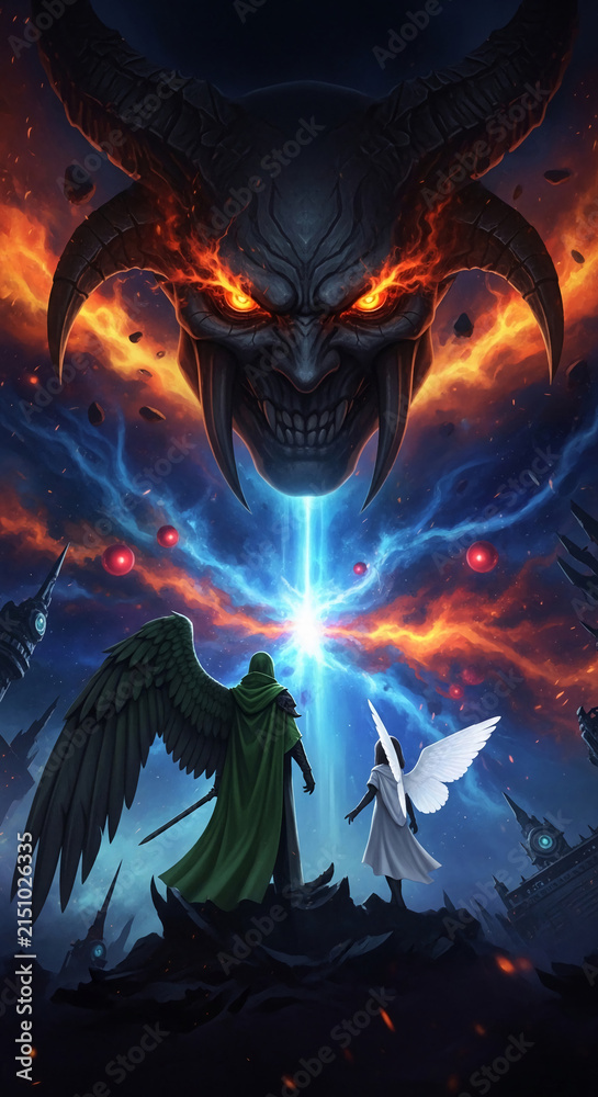 Fototapeta premium Epic battle scene between angel and demon figures against a fiery, cosmic backdrop, representing spiritual conflict and good versus evil