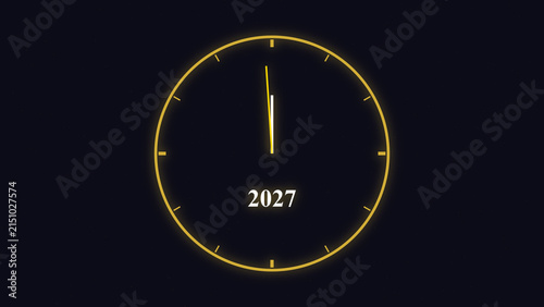 Fotografía Golden glowing analog clock display showing twelve o clock hour for year twenty twenty seven