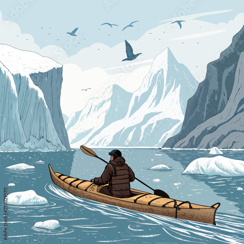 Inuit Hunter Paddling Traditional Qajaq in Arctic Waters