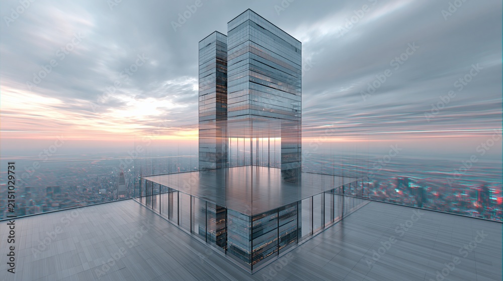 Fototapeta premium Modern Glass Skyscraper Reflecting Dusk Sky Over Urban Cityscape Rooftop View