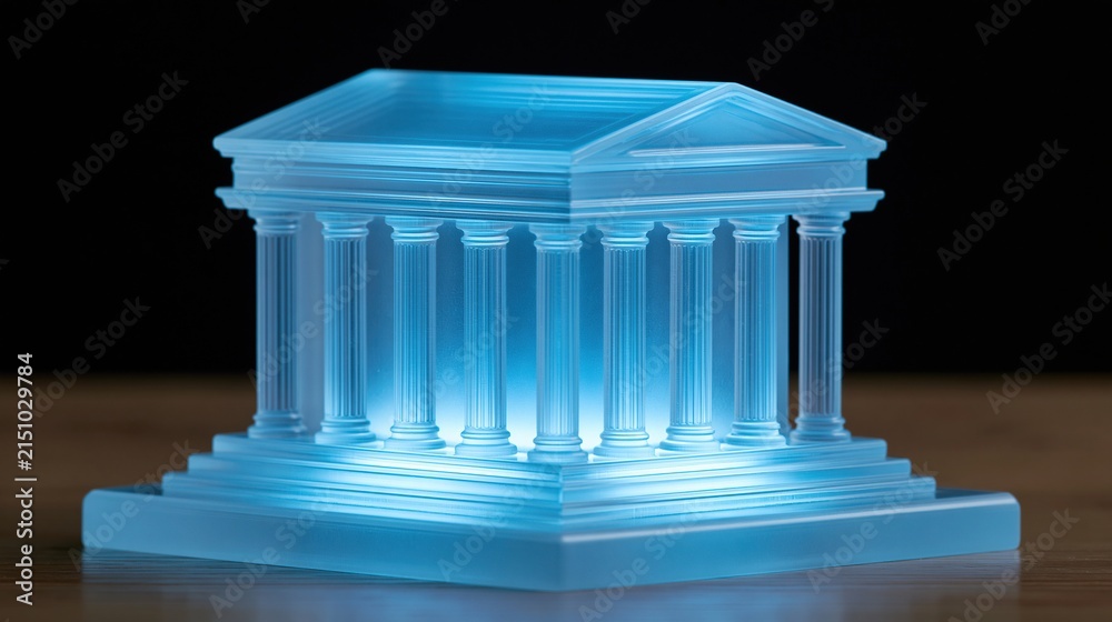 Fototapeta premium A translucent blue model of a classical temple building with columns glowing from within against a dark background.