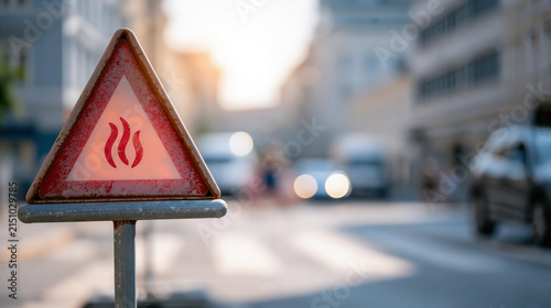 Weathered heat warning sign faded by sunlight on European urban street showing heatwave climate emergency and extreme temperature alert