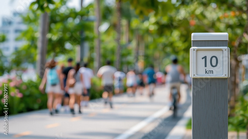 Kilometer marker on jogging trail with runners and cyclists passing showing fitness distance tracking and outdoor exercise park
</br>