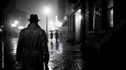Mysterious figure in trench coat walking on rainy city street at night