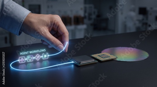 AI Agent Workforce Handover - A human hand lifts AI demand upstream, illustrating how enterprise AI adoption increases semiconductor and chip manufacturing requirements.
