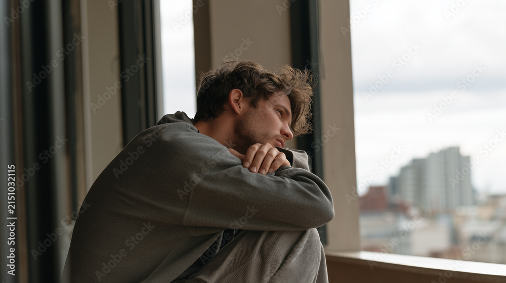 Obraz premium Young man sitting alone on a balcony during an overcast day, lost in thought, , young man crying, woman sitting in the dark room, burnout, photo style