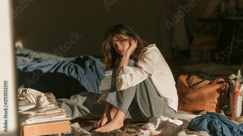 Young woman sitting alone on the bedroom floor surrounded by clutter, , young man crying, woman sitting in the dark room, burnout, photo style