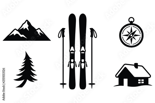 Black silhouette vector set of mountain, ski equipment, compass, tree and house for winter sports travel design