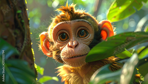 Cute Baby Monkey Peeking Through Leaves