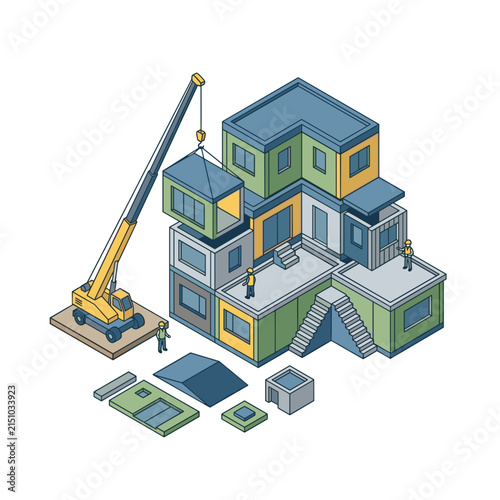 Modern Building Construction With Crane And Modular Units.