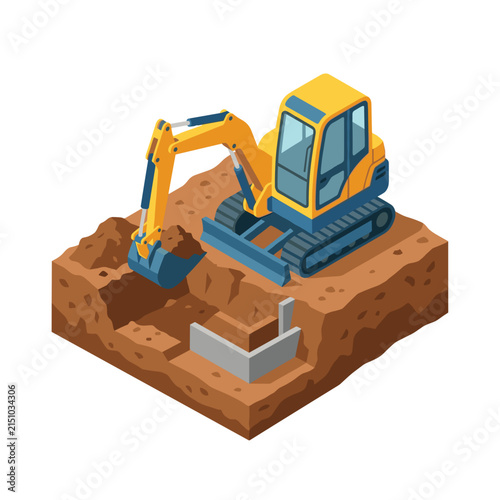 Yellow excavator digging foundation for new building construction site.