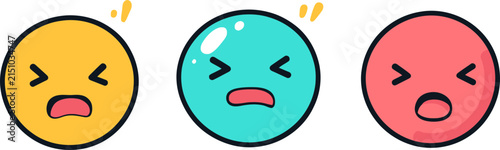 Set of three colorful cartoon emoticons showing frustrated and annoyed facial expressions