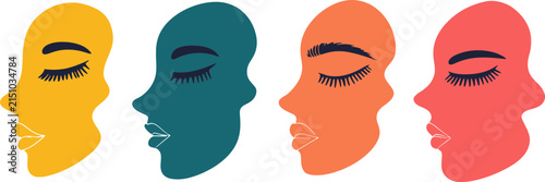 Abstract colorful human profiles with closed eyes in a minimalist flat vector illustration.