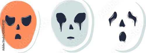 Set of three stylized spooky ghost masks for Halloween party decoration and graphic design