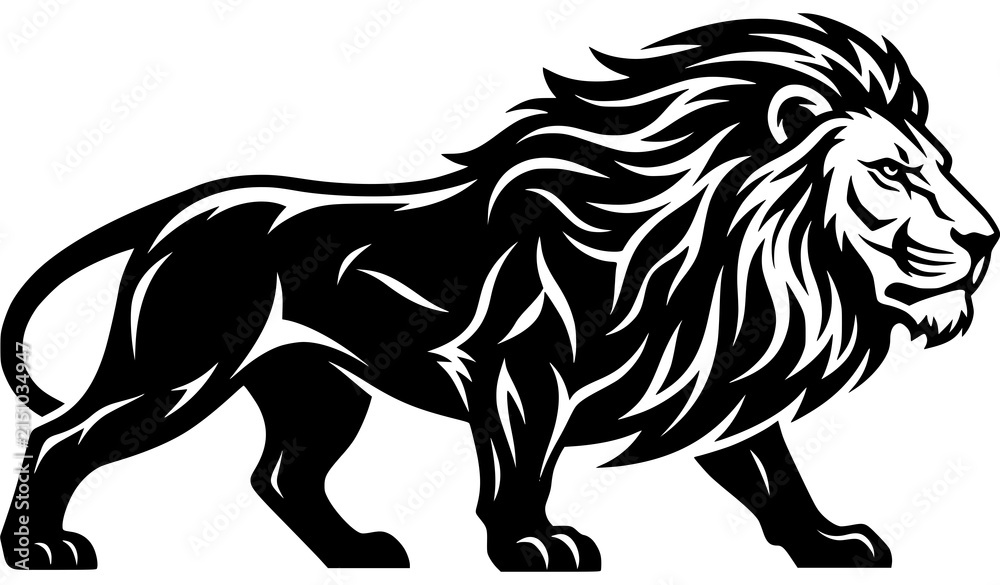 Obraz premium Black and white walking lion vector illustration on white background