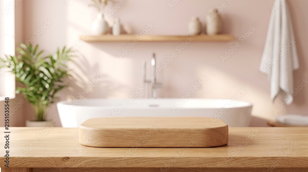 Fototapeta premium Empty Wooden Podium on Table in Modern Pink Bathroom Interior for Cosmetic Product Display Mockup and Backdrop