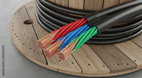 Close up of electrical cable and copper wires on wooden spool
