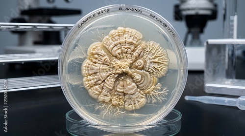Microbial culture plate showing bacterial growth for scientific laboratory research